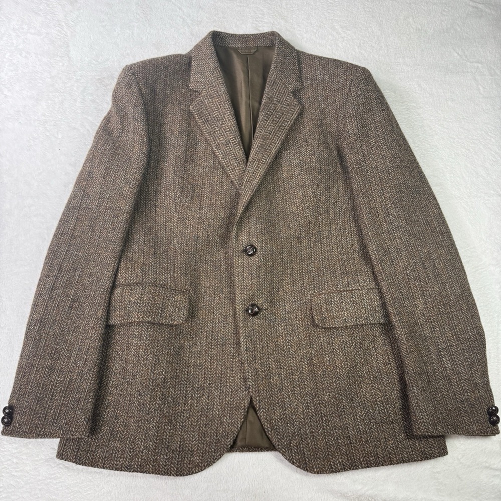 Vintage Harris Tweed Hand Woven Sport Coat Blazer 42R Herringbone Wool Brown